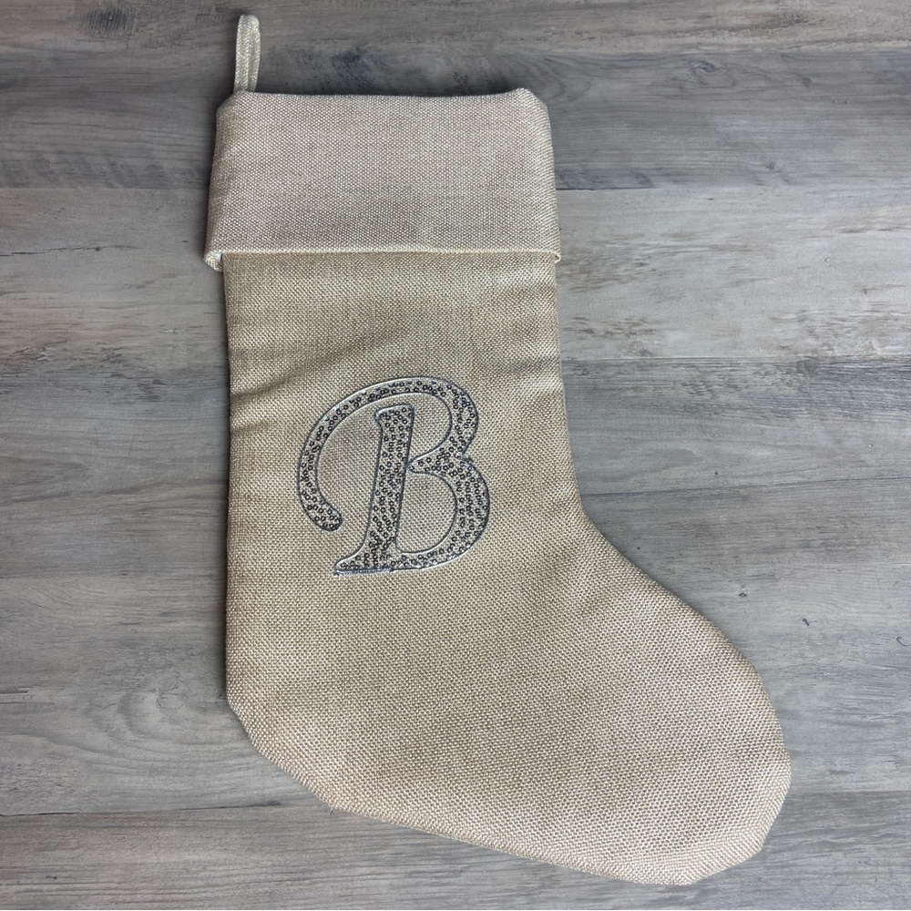 Beige Christmas Stocking‎ w/ Monogram Initial "B” Fancy Stocking Holiday